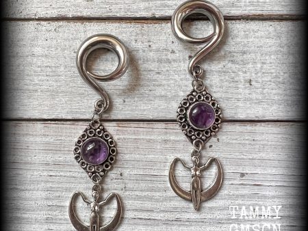 Amethyst goddess ear hangers-Gemstone moon goddess ear weights on Sale