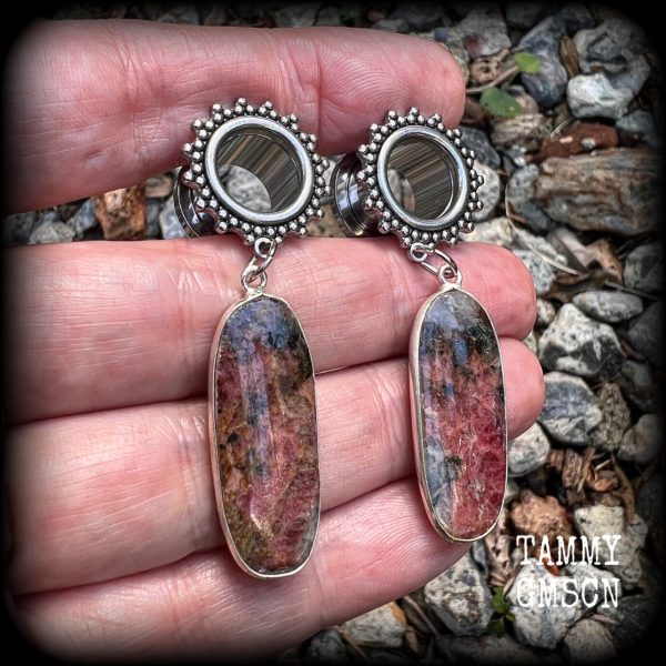 Rhodochrosite tunnel earrings-Gemstone tunnel dangles Online