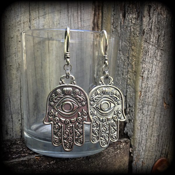 Hamsa hand earrings-Esoteric ear hangers For Sale