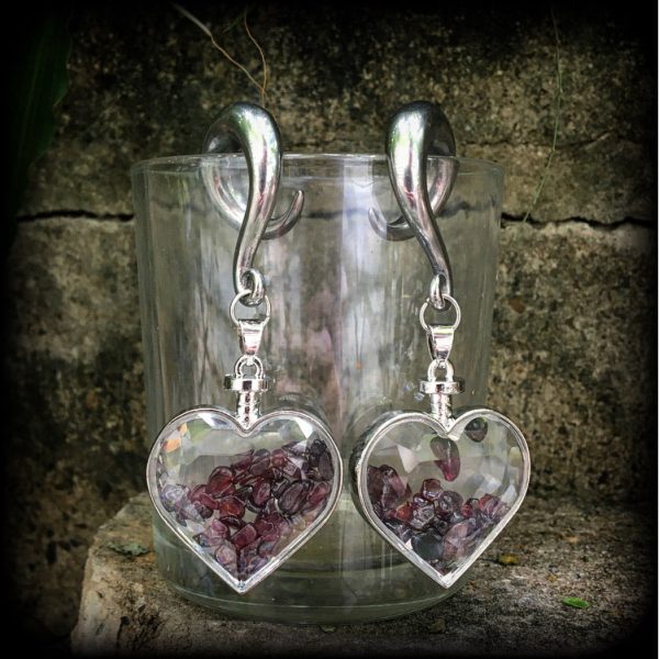 Garnet heart gauged earrings-Gemstone ear weights Online