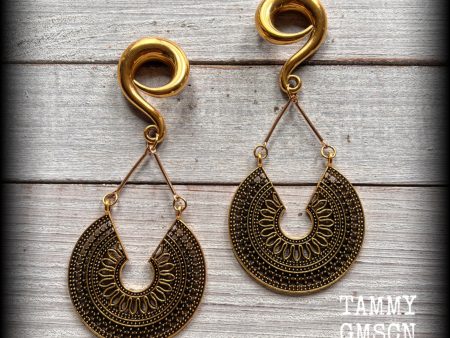 Antique gold mandala gauged earrings-Geometric ear hangers on Sale