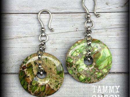 Lime green ocean jasper ear hangers-Gemstone earrings For Cheap