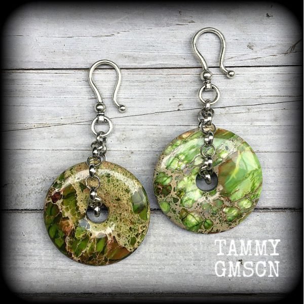 Lime green ocean jasper ear hangers-Gemstone earrings For Cheap