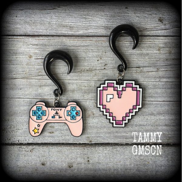 Gamer girl ear gauges-Pixel heart gauged earrings Online Hot Sale