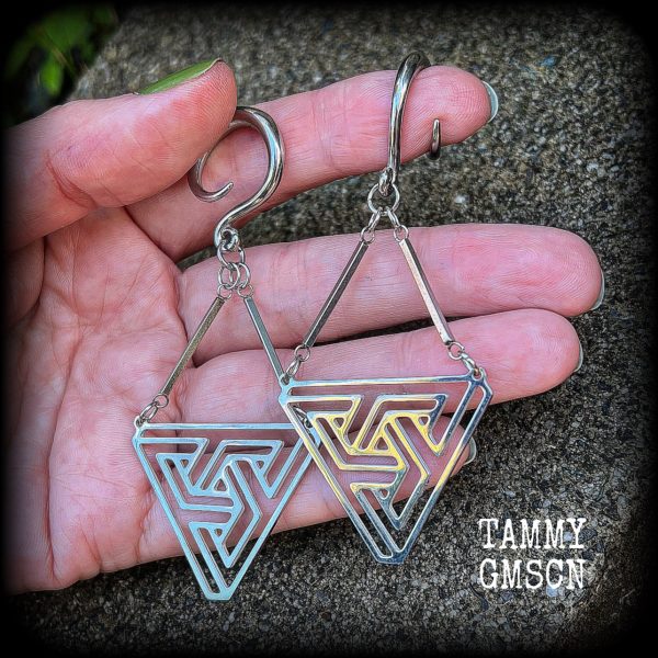 MC Escher impossible triangle gauged earrings-Penrose triangle ear hangers Sale