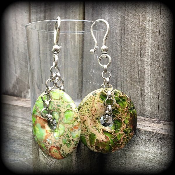 Lime green ocean jasper ear hangers-Gemstone earrings For Cheap