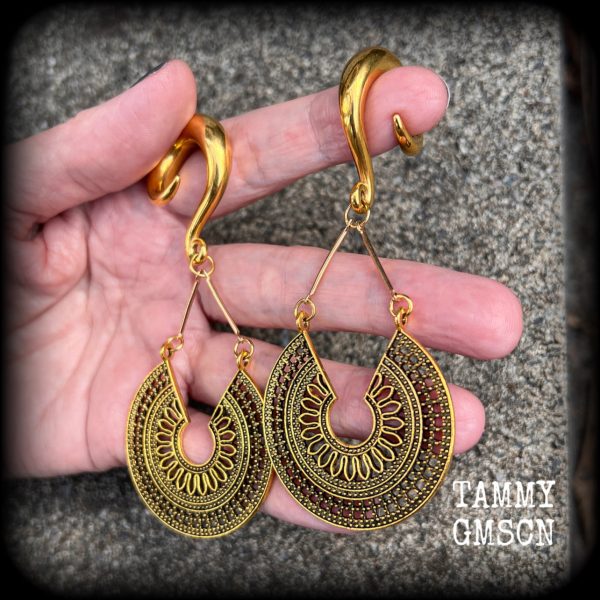 Antique gold mandala gauged earrings-Geometric ear hangers on Sale