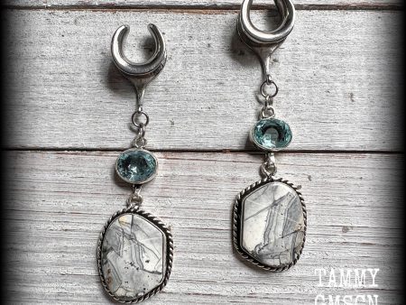 Lace agate and blue topaz gauged earrings-Gemstone ear hangers Online now