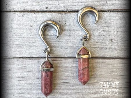 Rhodochrosite gauged earrings-Gemstone ear hangers Fashion