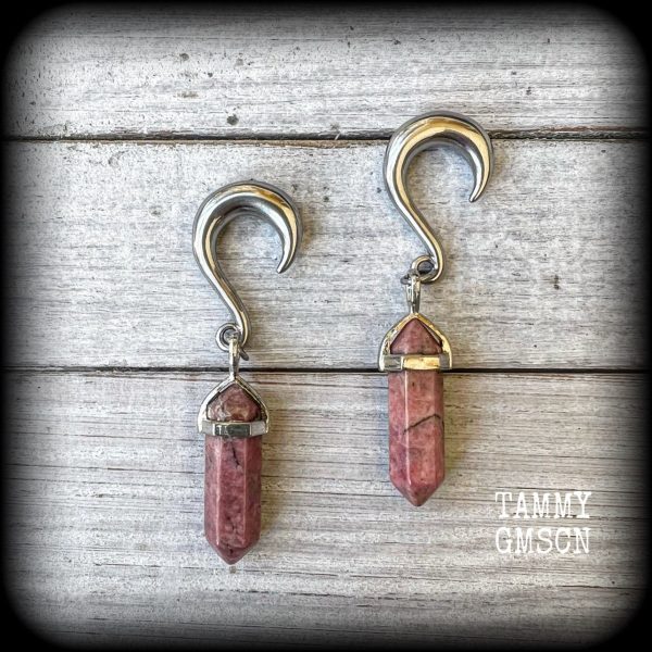 Rhodochrosite gauged earrings-Gemstone ear hangers Fashion